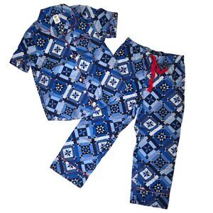 Land’s End Short Sleeve Cotton Pajamas Small 6-8 Prosperity Blue Quilt Pattern
